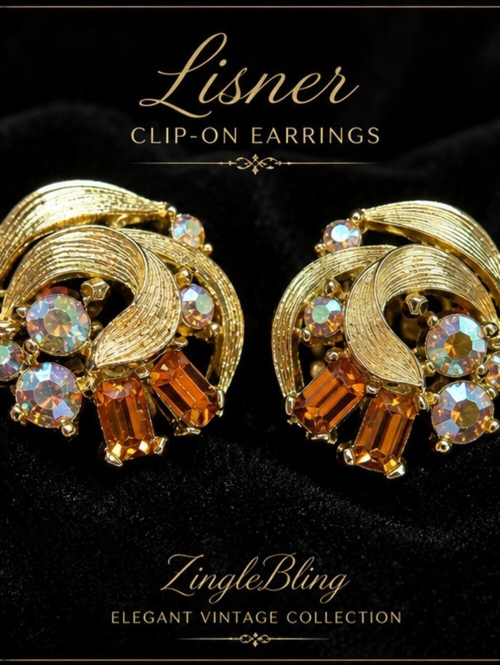 Vintage Signed Lisner Clip On Earrings Gold Tone Amber AB Rhinestone Mid Century